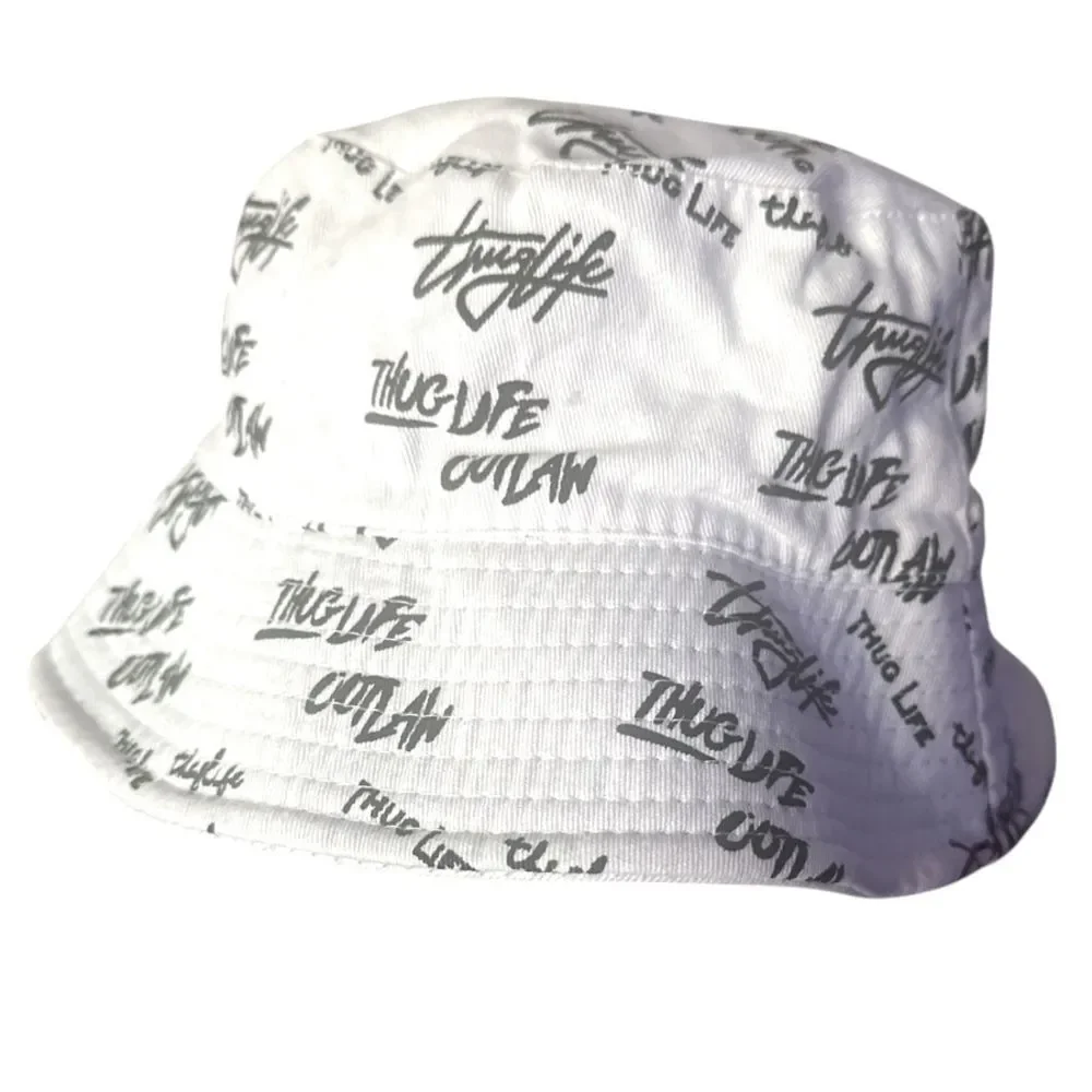 THUG LIFE white bucket hat black lettering
